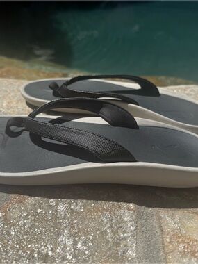 OluKai Black Flip Flop Sandals with White Trim - Women